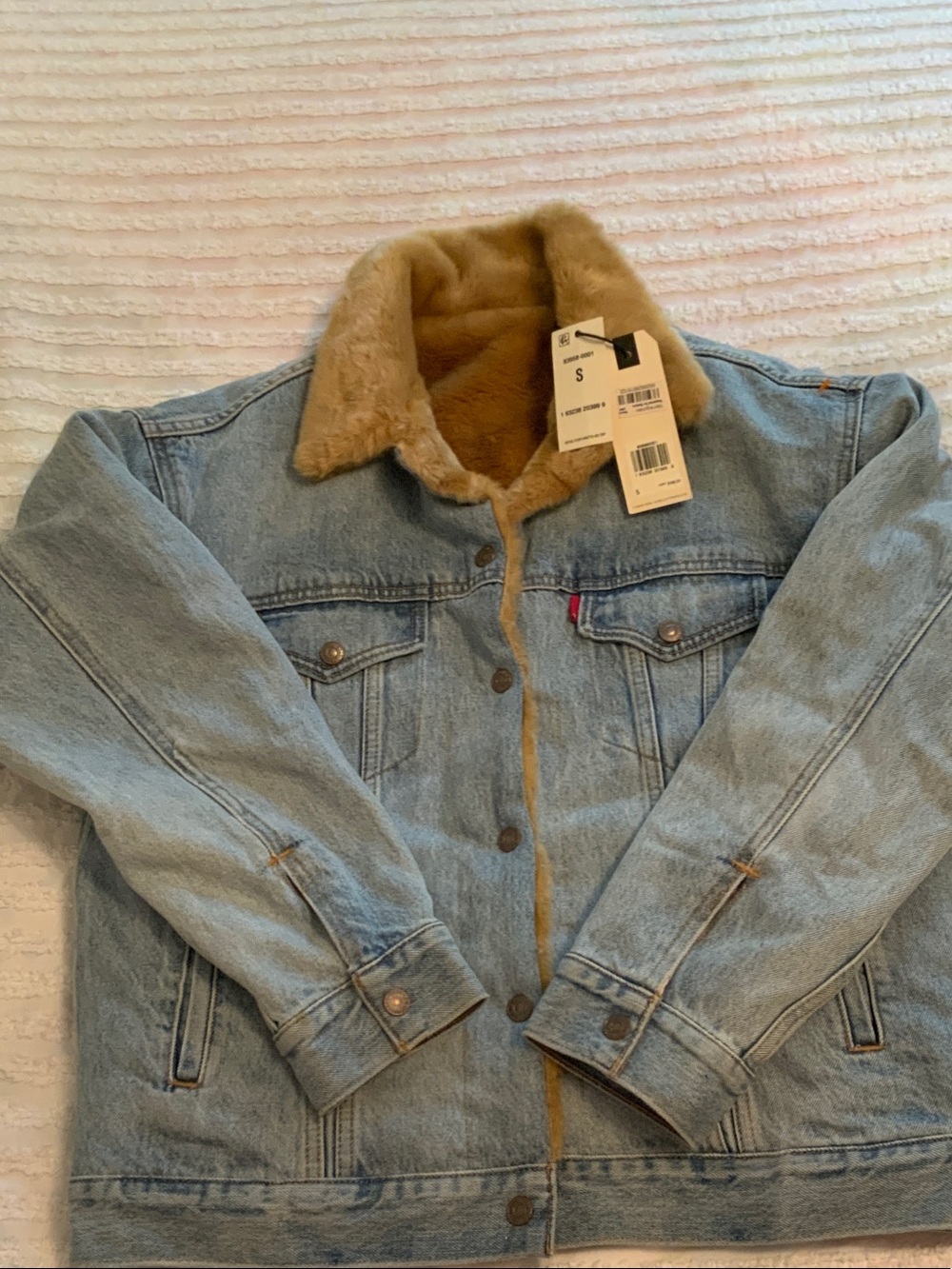 Levi's Light Blue Denim Trucker Jacket with Tan Sherpa Collar